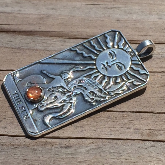 Sun Tarot Card Pendant .925 Sterling Silver w/ genuine Sunstone gem Made in USA - Picture 11 of 16